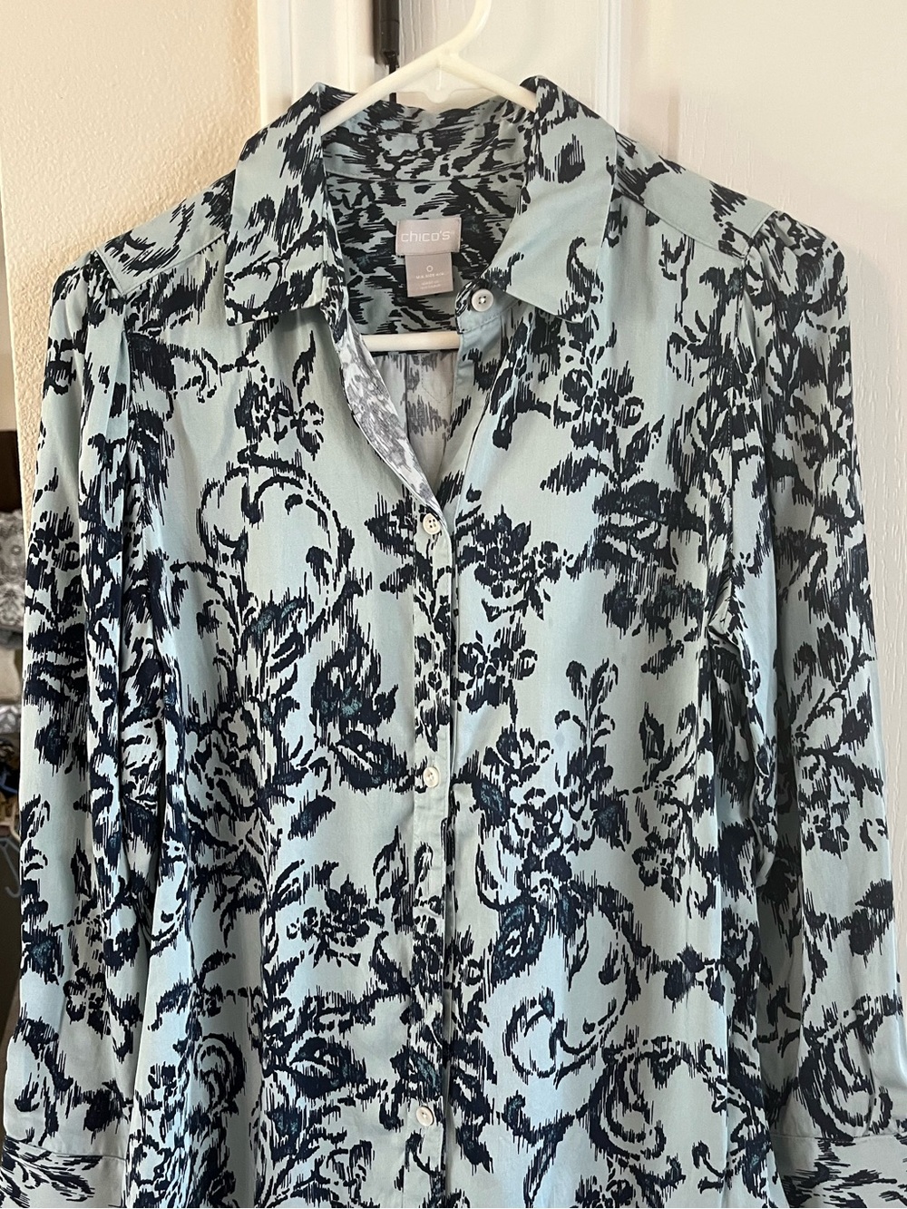 Chico's Light Blue and Navy Floral Button-Down Shirt